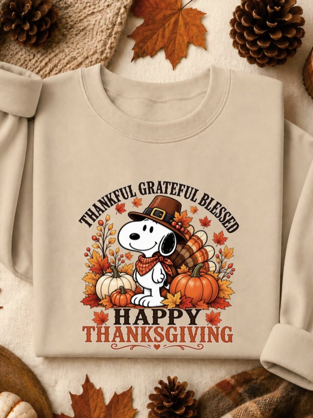 Snoopy Happy Thanksgiving Sweatshirt Graphic Print Fall Holiday Grateful Blessed